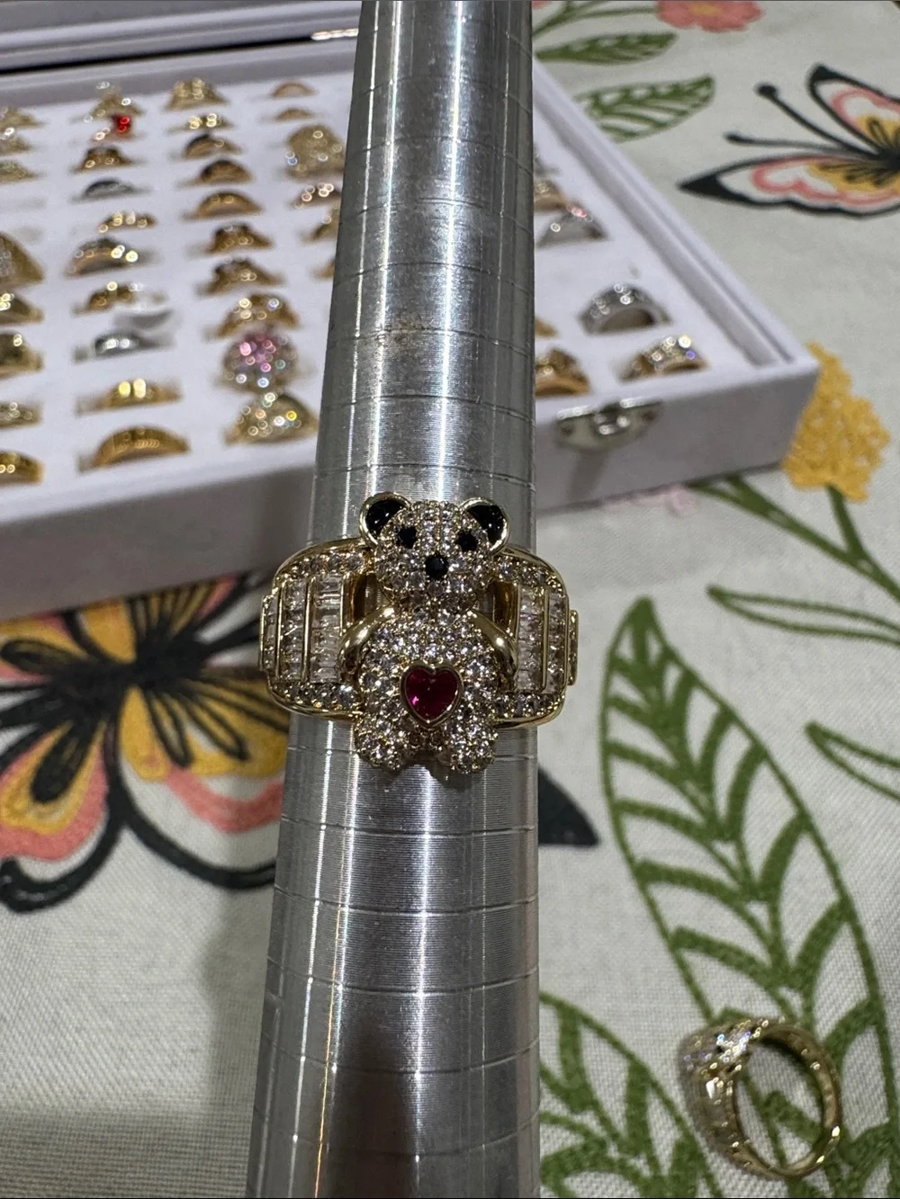 Gold Teddy Bear Ring with Pink Heart Center